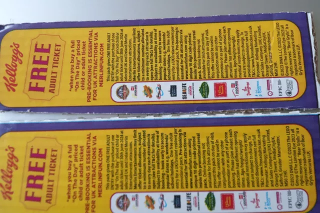 2xKellogg's Grown Up Go Free Merlin Theme Park.London Eye etc, vouchers,& codes