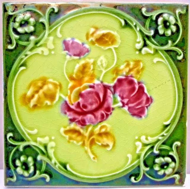 Antique Tile Majolica Art Nouveau England Rose Purple Architecture Floral #118