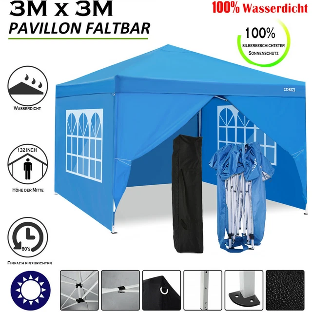 Pavillon Garten Party Camping Fest Event Zelt Bier mit Seitenteile 3x3 m Blau DE