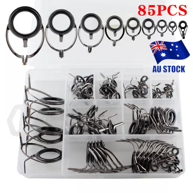 85 PCS/ Set Fishing Rod Guide Tackle Tip Repair Box Eyes Rings DIY Stainless Kit