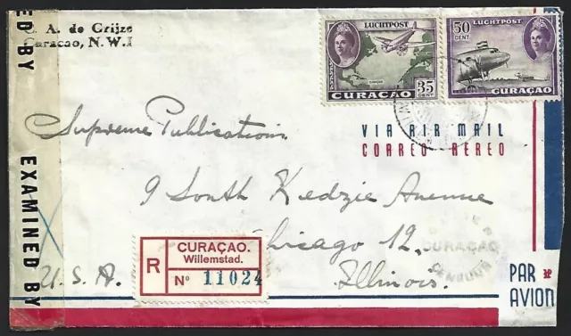 (AOP) Curaçao WW2 1945 dual censored registered cover to the US