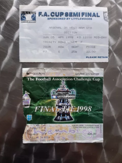 Arsenal FA Cup 1997-1998 SF vs Wolves & Final vs Newcastle Ticket Stubs