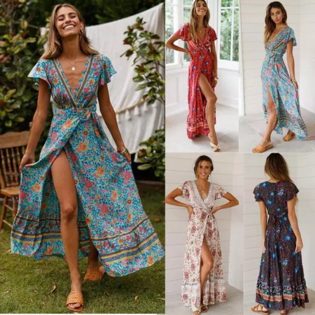 Womens Boho Beach V Neck Wrap Floral Maxi Dress Ladies Summer Sundress Plus Size