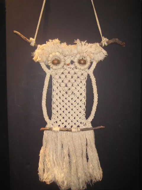 Mid Century Large Owl Macrame Jute Wall Hanging - Bead Eyes/Nose - Adj. Rope