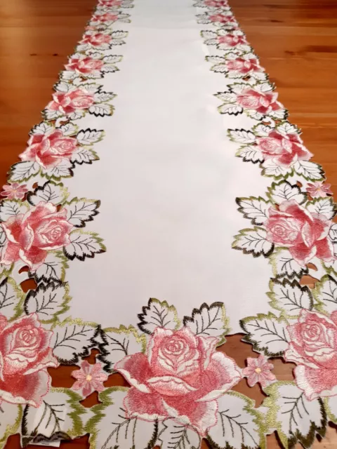 Rectangle 40*180cm "Pink Rose/LeafGreen Embroidered/Cutout Polyester T/Runner