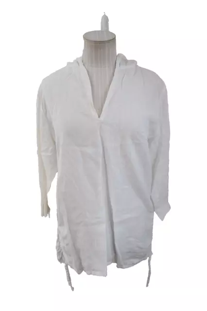 Allen Allen Womens Small Tunic Top White 3/4 Sleeve Hood Ruched