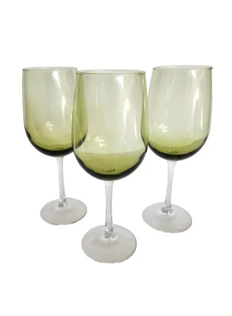 Pier 1 Hand Blown Pantiago Olive Green Avocado MCM Crystal Wine Glasses Set Of 3