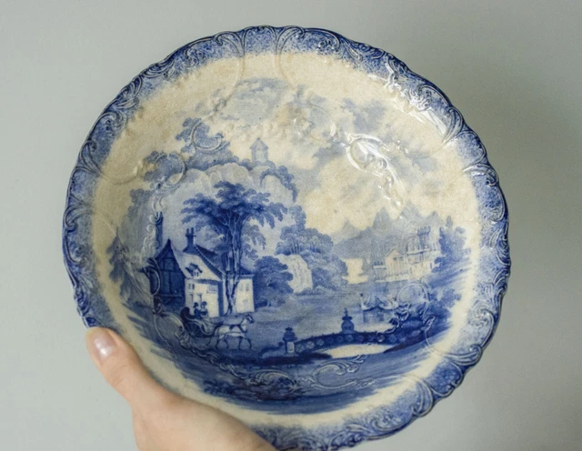 Antique blue and white transferware 10" Round Vegetable fruit Bowl RARE item