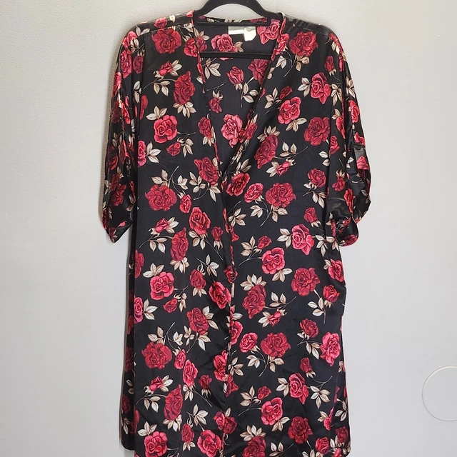 Gilligan OMalley Satin Kimono Robe Black Beautiful Rose Florals Silky Size XL