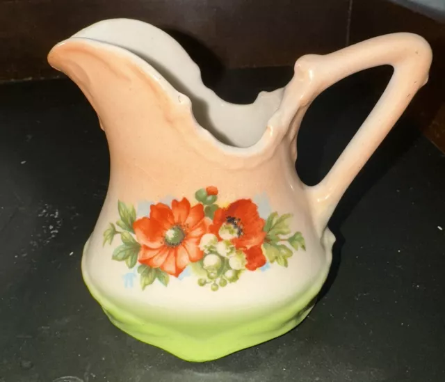 Vintage Small Pitcher Czechoslovakia.  4” Tall With Poppy Flower Design