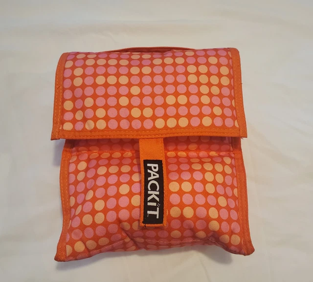 PackIt Freezable Lunch Bag Built In Ice Packs Foldable Roll Up Orange Polka Dots