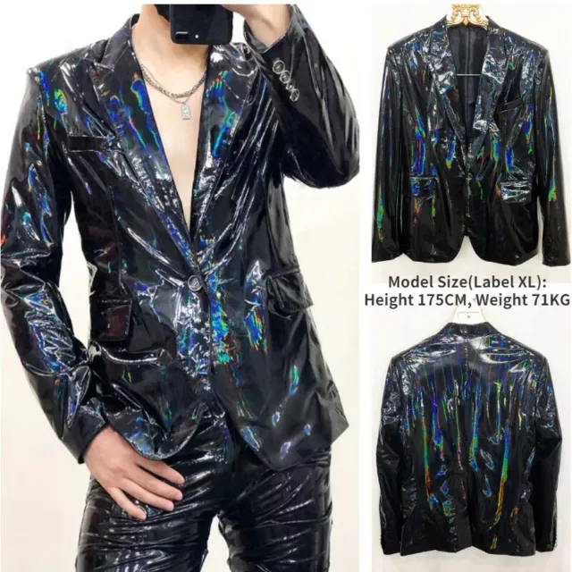 Hommes Blazer Veste Laser Holographique Brillant Haut Faux Cuir Scène Club Suit 2