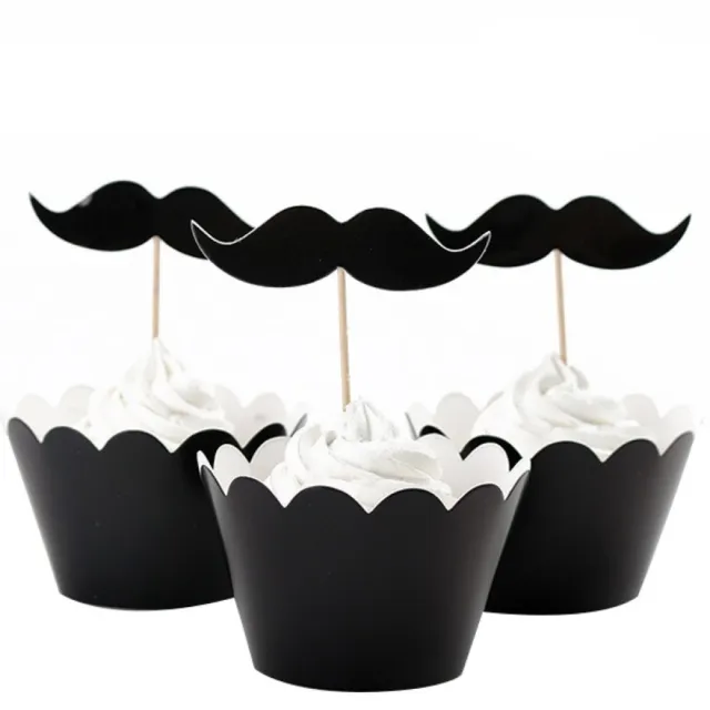 Kit de 12 piezas de envoltura de cupcake bigote negro para decoración de fiesta de cumpleaños