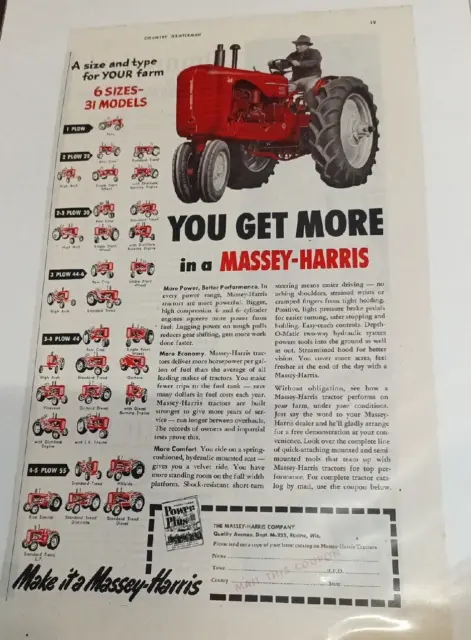 Vintage Massey-Harris Tractor Advertisement Plows 1-5, Hillside, Diesel, Orchard