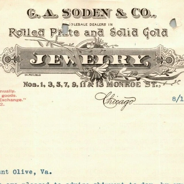 1896 Letterhead - G.A. Soden & Co. Jewelers Solid Gold Chicago - Ephraim Baker*