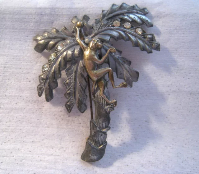 Art Deco Pot Metal Monkey Climbing Coconut Tree Rhinestone Pin  Book Piece