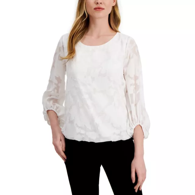 ALFANI NEW Women's White Foil Floral Burnout Bubble Hem Blouse Shirt Top XS TEDO