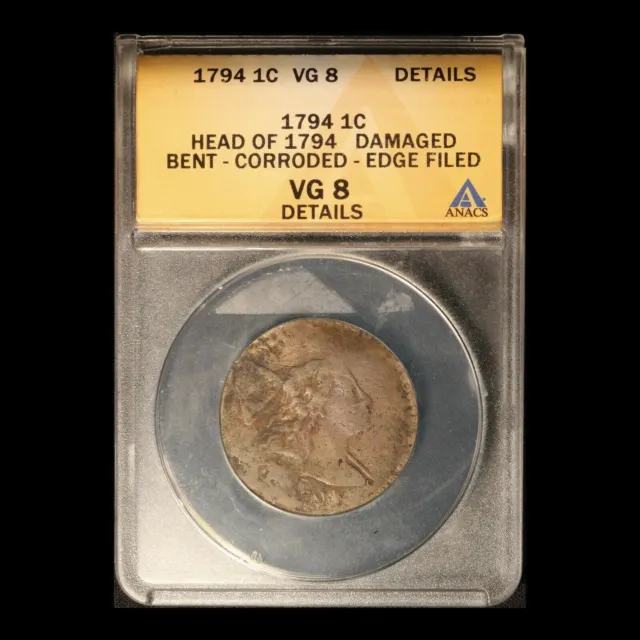 1794 1c Liberty Cap Large Cent Head of 1794 ANACS VG8 Details - Free Ship USA