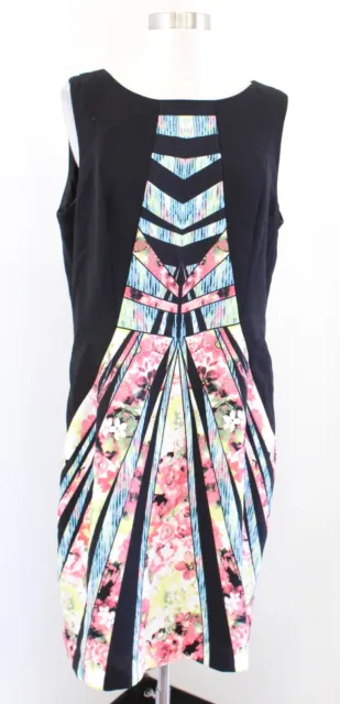 Ivanka Trump Black Colorful Abstract Geometric Floral Print Sheath Dress Size 14