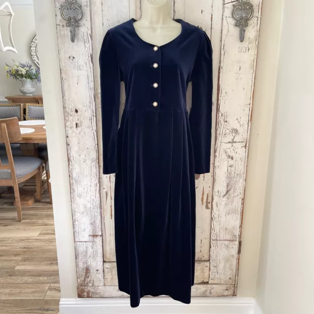 Vintage Laura Ashley Navy Blue Velvet Button Front Midi Period Victorian Dress