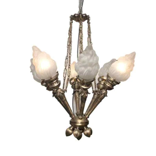 Art Deco Nouveau Mashaal 6 Light Chandelier in Brass & Frosted Glass Lamp