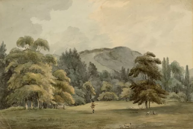 Parkland with Figure & Sheep – Original mid-19th-century watercolour painting