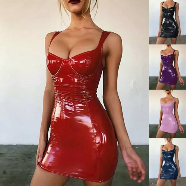 Sexy Damen Wetlook Kleid Minikleid Lack Leder Optik Glänzend Abendkleid Party