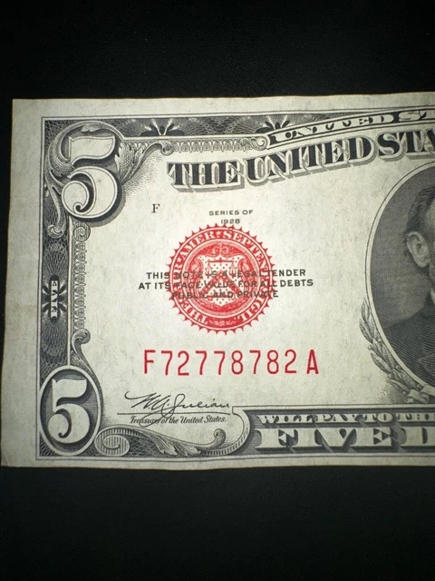 1928 C $5 Five Dollar United States  Banknote  Red Seal