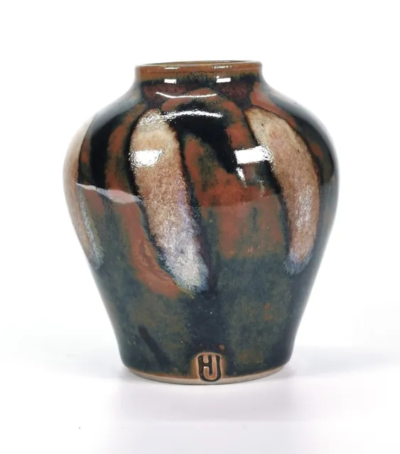 Super Jane Hanson Studio Pottery Tenmoku & Oxide Glazed Vase Impressed Stamp