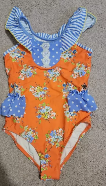 Matilda Jane Girls Size 8 Orange Floral Swimsuit Swim Bathing NWOT