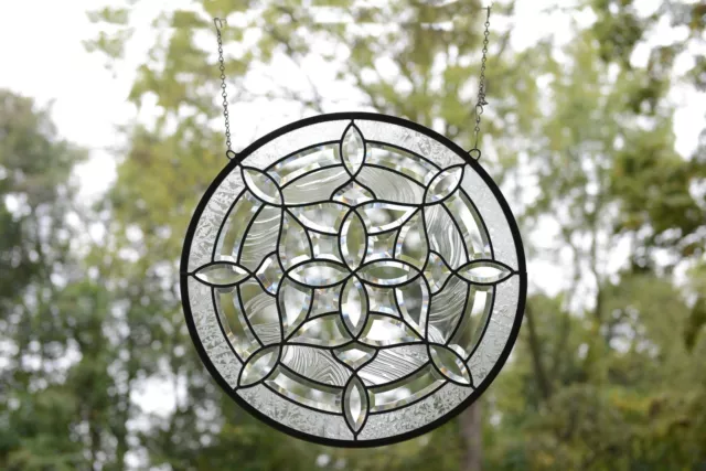Handcrafted stained glass Clear Round Beveled window panel 21" Dia
