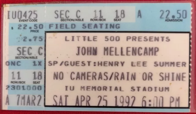 John Mellencamp 4-25-1992 Concert Ticket Stub-Iu Memorial Stadium