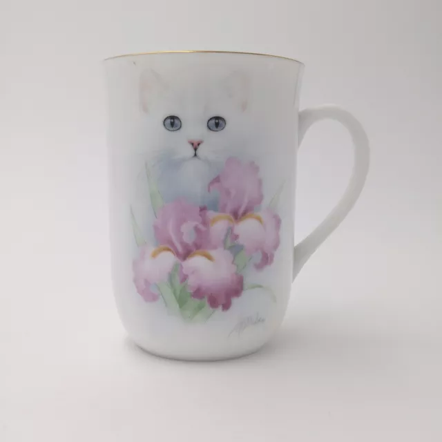 Vintage Otagiri White Cat with Pink Orchid Mug ~ Design by Bob Harrison