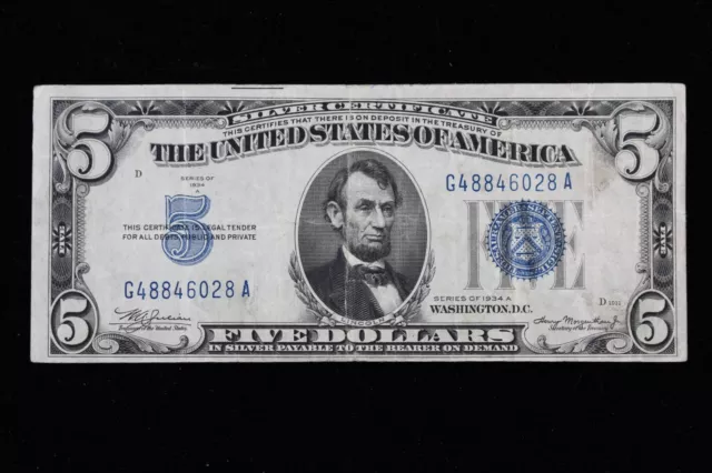 $5 1934A blue seal Silver Certificate Circulated G48846028A Exact Note Shown