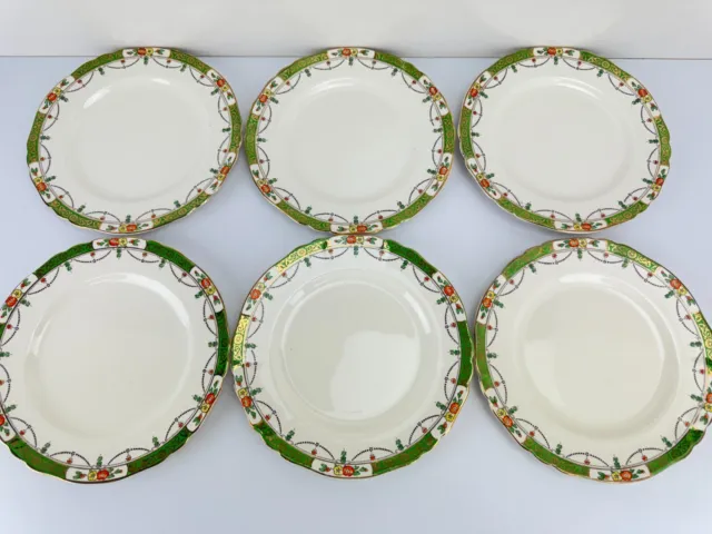 Vintage 1920s ALFRED MEAKIN Osiris Solway Green & Gold 23cm Luncheon Plates x 6