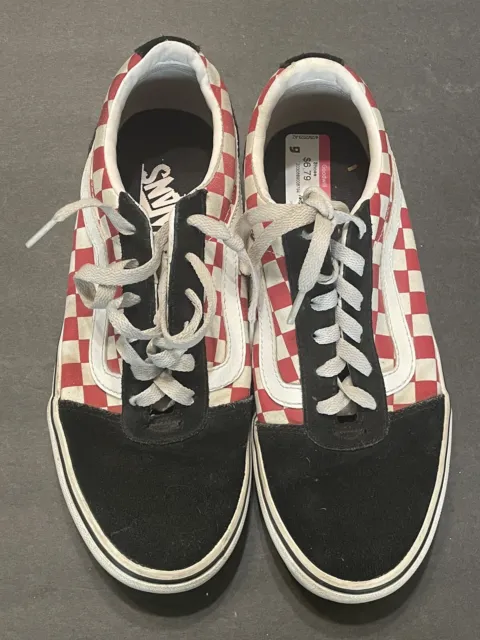 Vans Shoes Womens 9 Sneaker Old Skool Checkered Skate Suede Canvas Red White Low