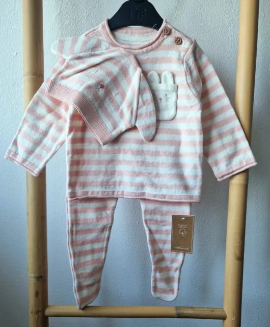 Baby weich gestrickt rosa Hase gestreift spanischer Stil 3er-Set Outfit Bio Baumwolle 3-6 m