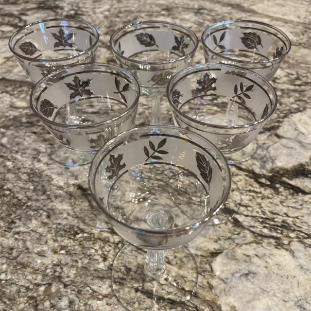 SET OF 6 LIBBEY VINTAGE WINE GLASSES FROSTED PLATINUM SILVER LEAF DESIGN 6 oz