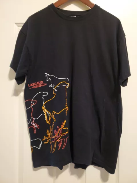 LASCAUX French cave painting tee, black with red/orange/white animal design, XL 2