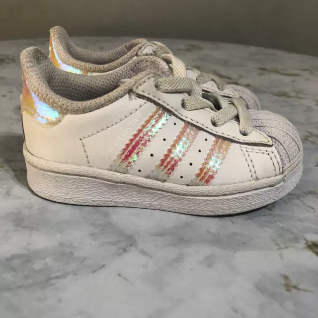 Adidas Superstar Toddler Girls Sz 4 Baby Shoes White Iridescent Low Top Sneakers