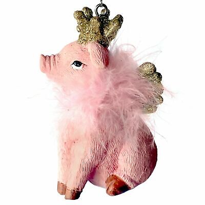 Pink Winged Pig Christmas Ornament Tiara Boa Princess Wings Crown