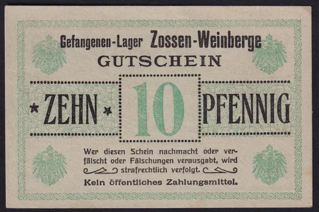 1914 - 1918 10 Pfennig Zossen Germany WWI POW Camp Money Rare Old Banknote UNC