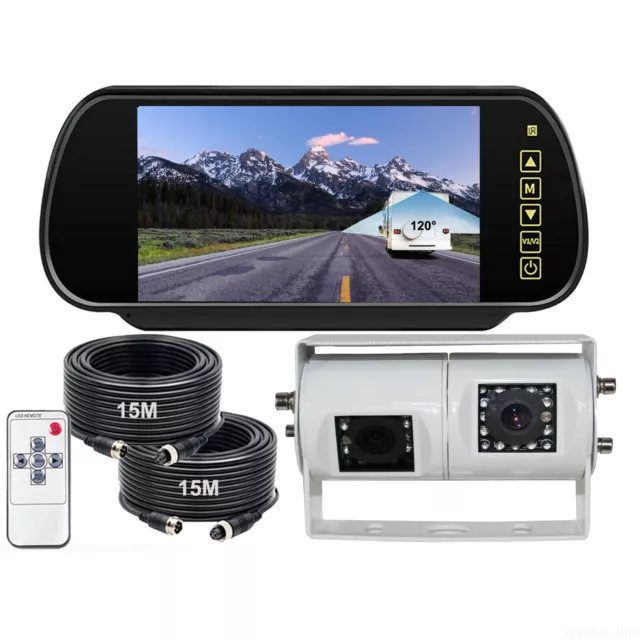 Dual Head 4Pin Reversing Rear View Camera 7" Mirror Monitor 12-24v Truck Caravan