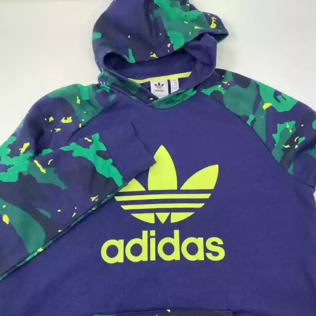 Adidas Boys XL Green Navy Blue Yellow Camo Pullover Long Sleeve Hooded Sweater