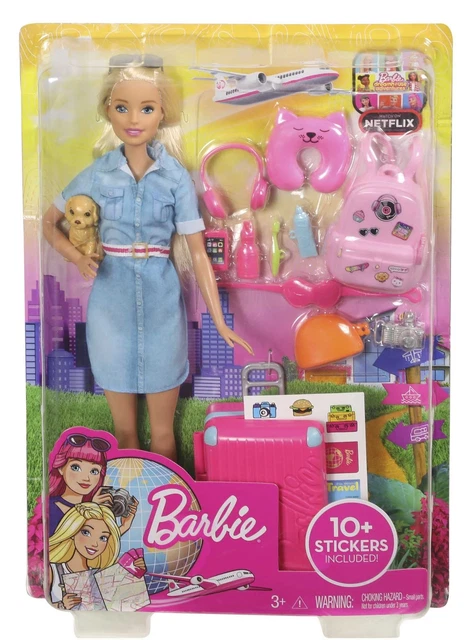 Barbie Travel Doll, Blonde, with Puppy, Opening Suitcase, Stickers and 10+ Acces