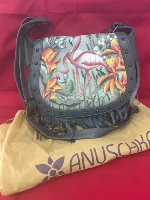 Anuschka Hand Painted Leather Flamingo Gray Fringe Shoulder Bag 👜