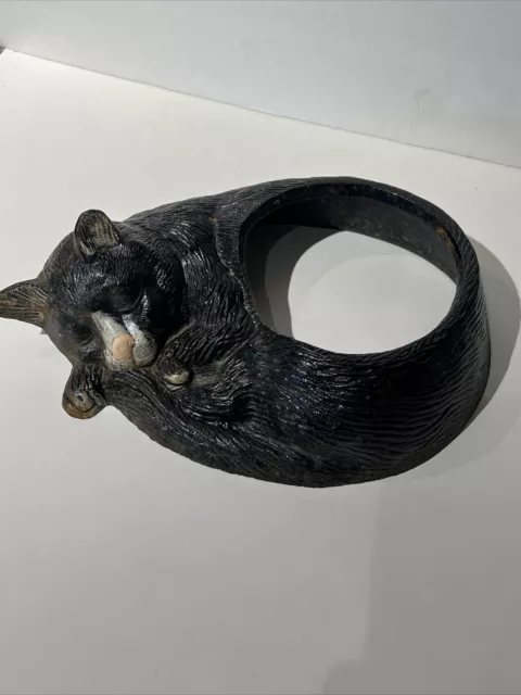 Cast Iron Cat Dish Holder Sleeping Black Cat Pink Nose Patina 12” Heavy