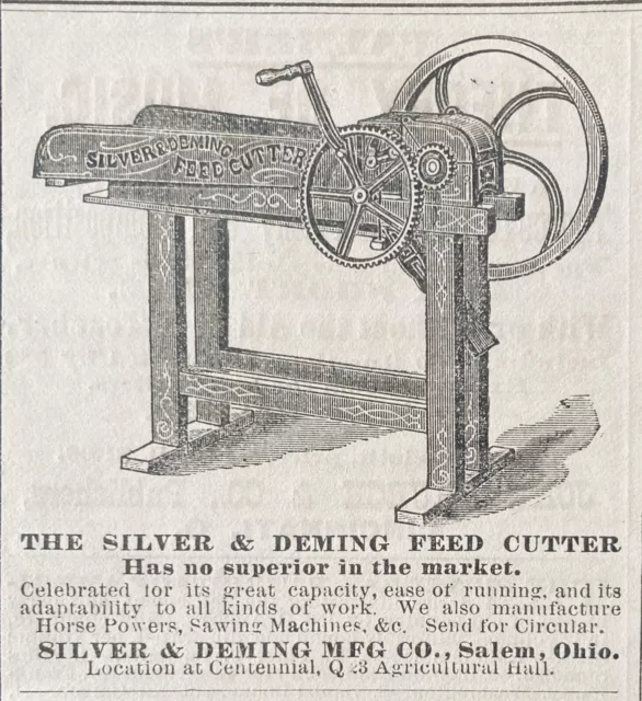 1876 Ad.(Xh65)~Silver & Deming Mfg. Co. Salem, Ohio. Deming Feed Cutter