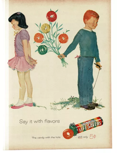 1956 Life Savers Five Flavors little boy gives girl bouquet art Vintage Print Ad