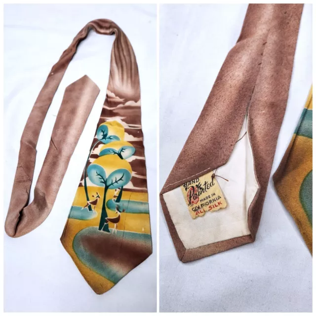 Vintage 30s 40s Silk Tie VTG Men's Silk Tie Hand Painted made in California